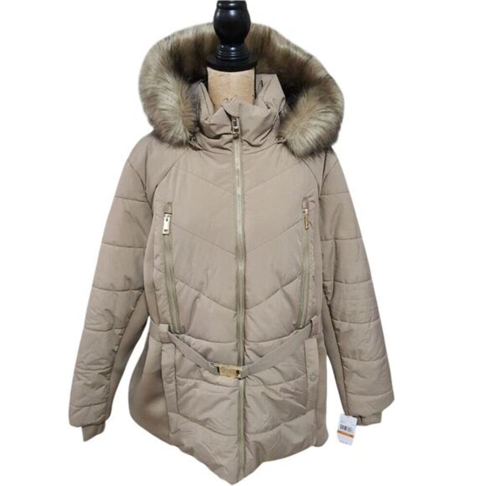 Michael Kors tan Taupe long puffer coat faux fur trim plus size 3X NEW!!!